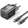 Vention Cargador de Pared GaN 30W 2 Puertos USB-C y USB-A con Cable USB-C (TZ-FEQB0-EU-01), Rápido, Compacto, Compatible PD/QC
